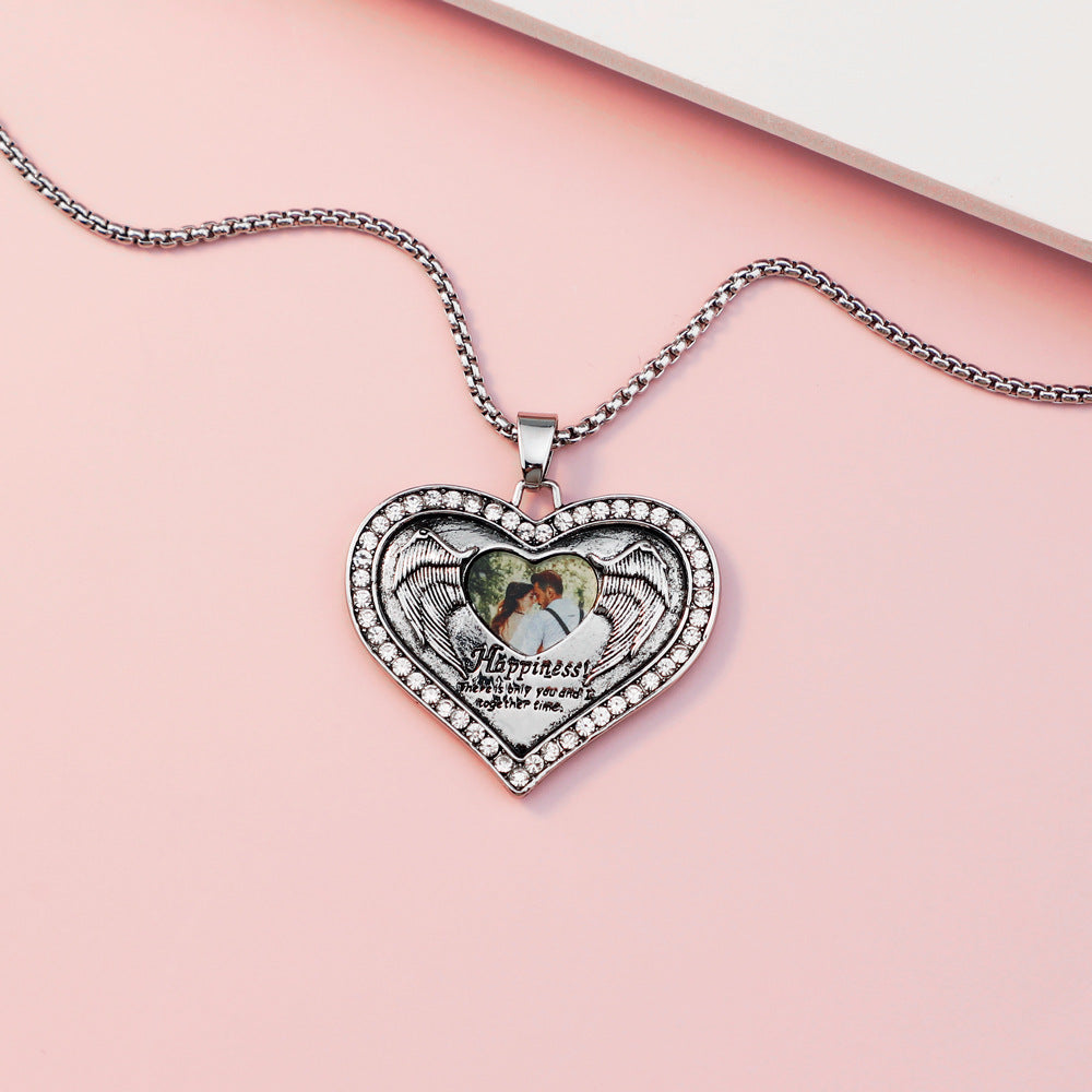 Personalized Happiness Lettering Diamond Photo Peach Heart Necklace