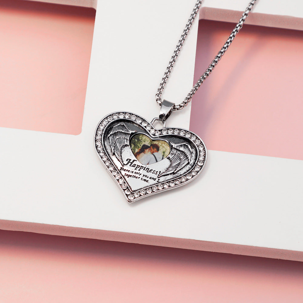 Personalized Happiness Lettering Diamond Photo Peach Heart Necklace