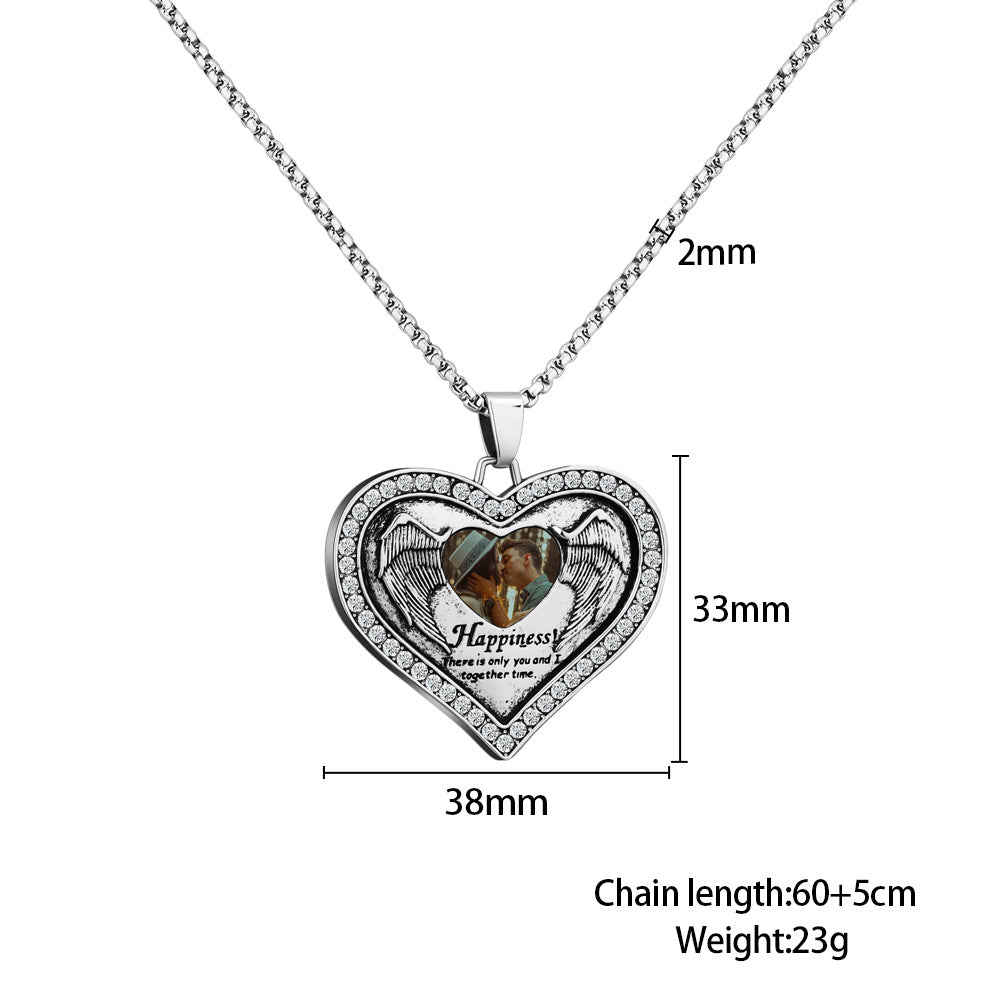 Personalized Happiness Lettering Diamond Photo Peach Heart Necklace