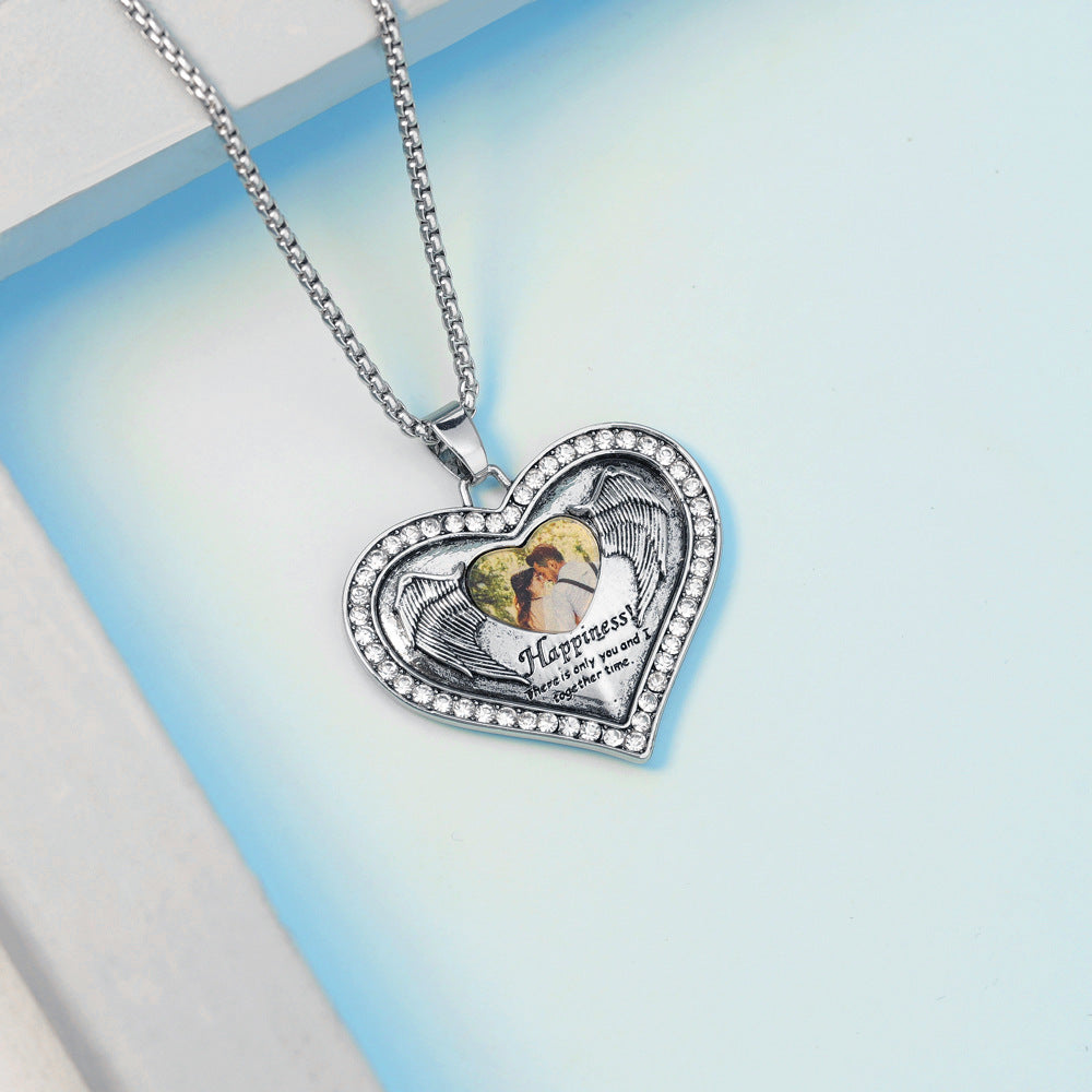 Personalized Happiness Lettering Diamond Photo Peach Heart Necklace