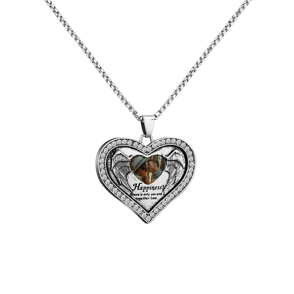 Personalized Happiness Lettering Diamond Photo Peach Heart Necklace