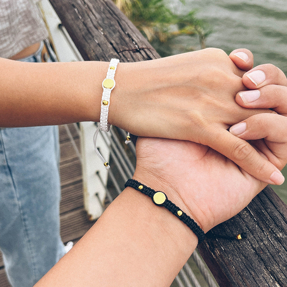 Stainless Steel Circular Bead Braided Couple Bracelet