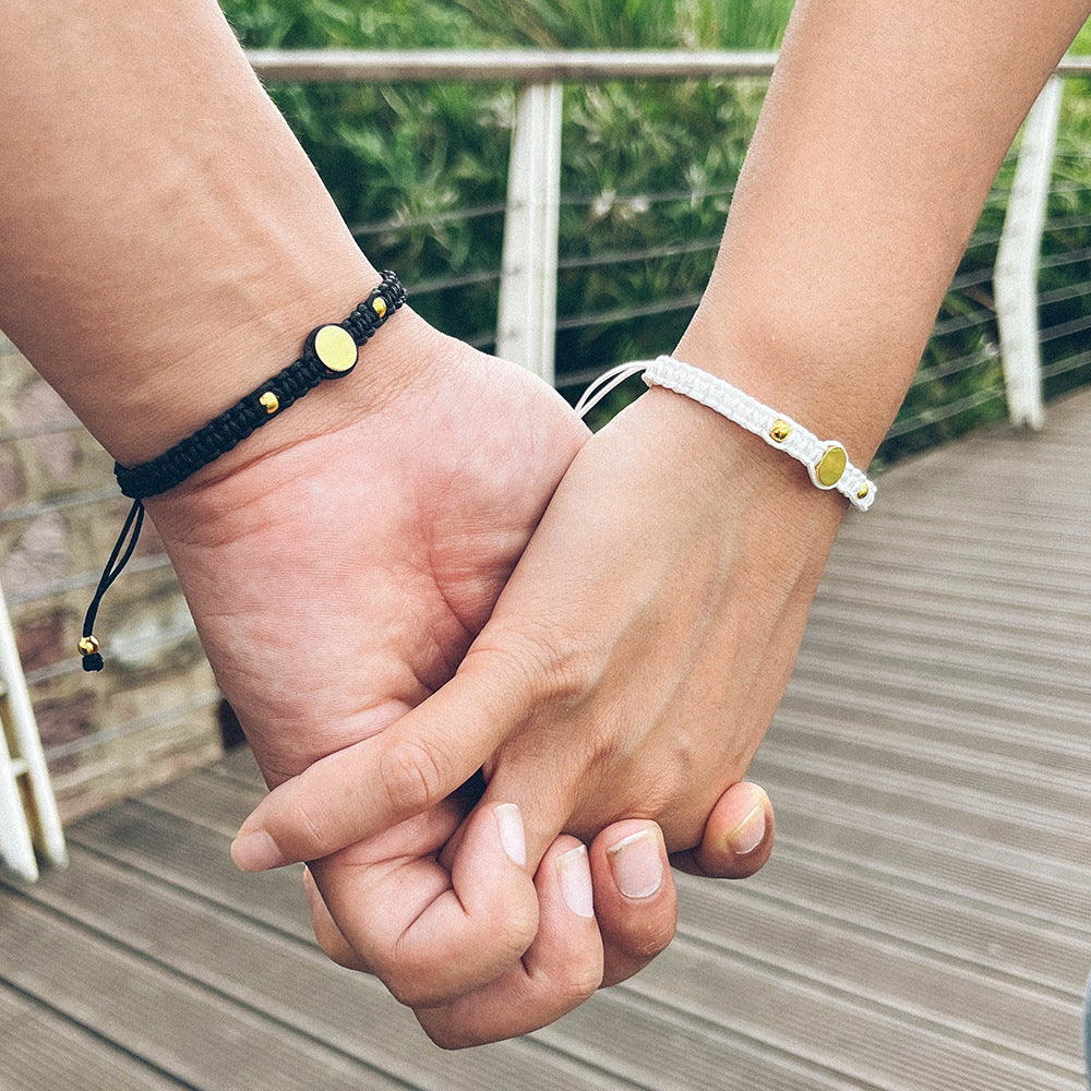 Stainless Steel Circular Bead Braided Couple Bracelet