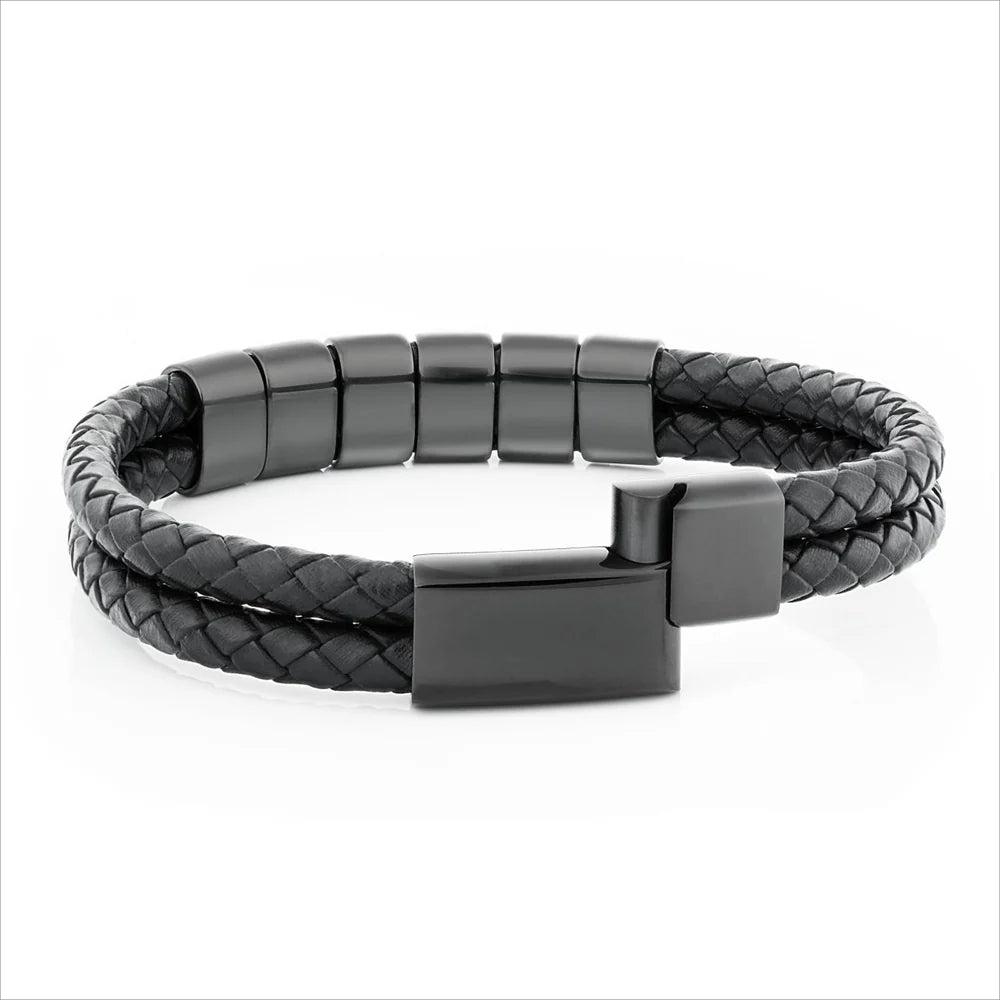 Custom Double Leather Bracelet with Black Beads