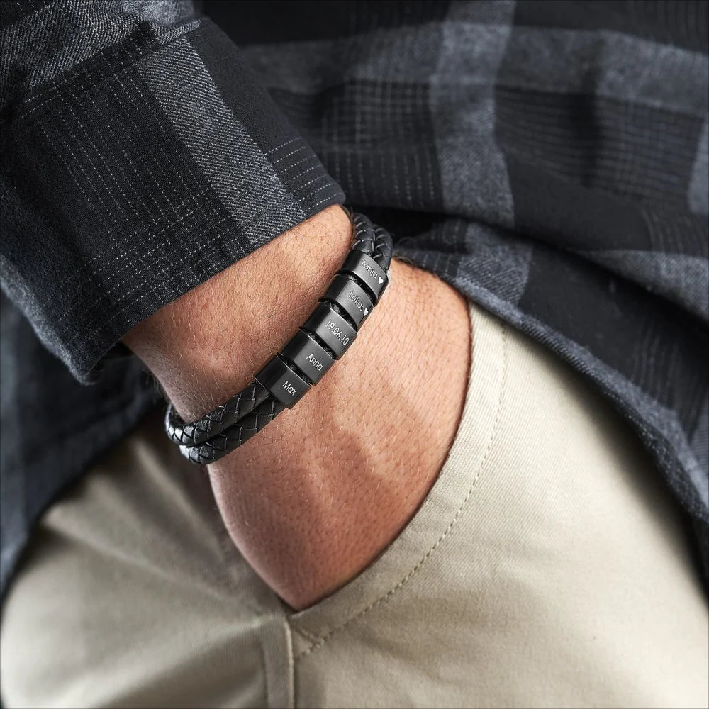 Custom Double Leather Bracelet with Black Beads