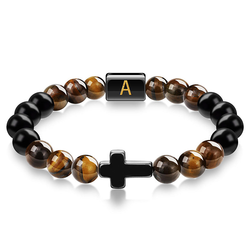 Letter Cross Tiger Eye Stone Beaded Bracelet