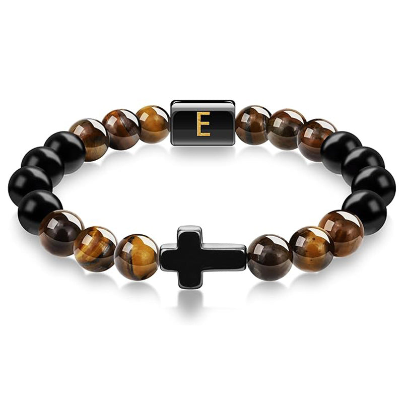 Letter Cross Tiger Eye Stone Beaded Bracelet