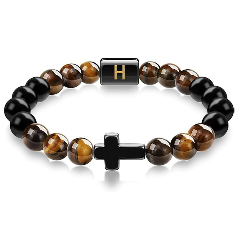 Letter Cross Tiger Eye Stone Beaded Bracelet