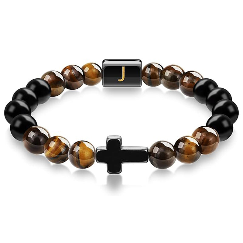 Letter Cross Tiger Eye Stone Beaded Bracelet