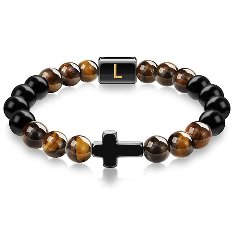 Letter Cross Tiger Eye Stone Beaded Bracelet