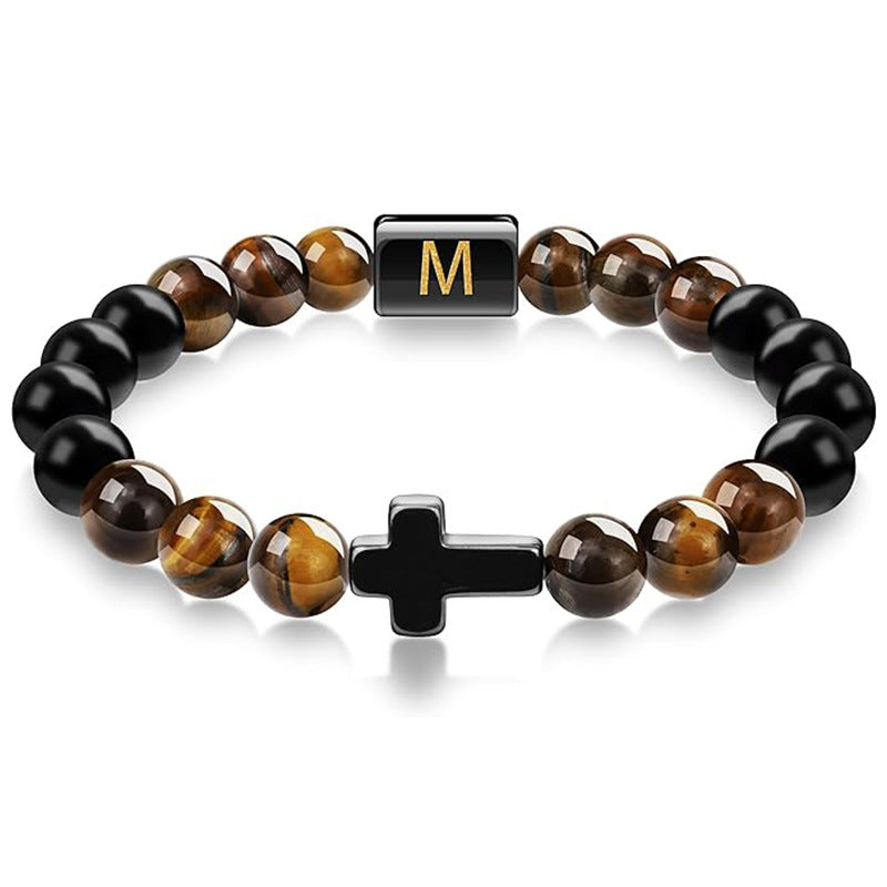 Letter Cross Tiger Eye Stone Beaded Bracelet