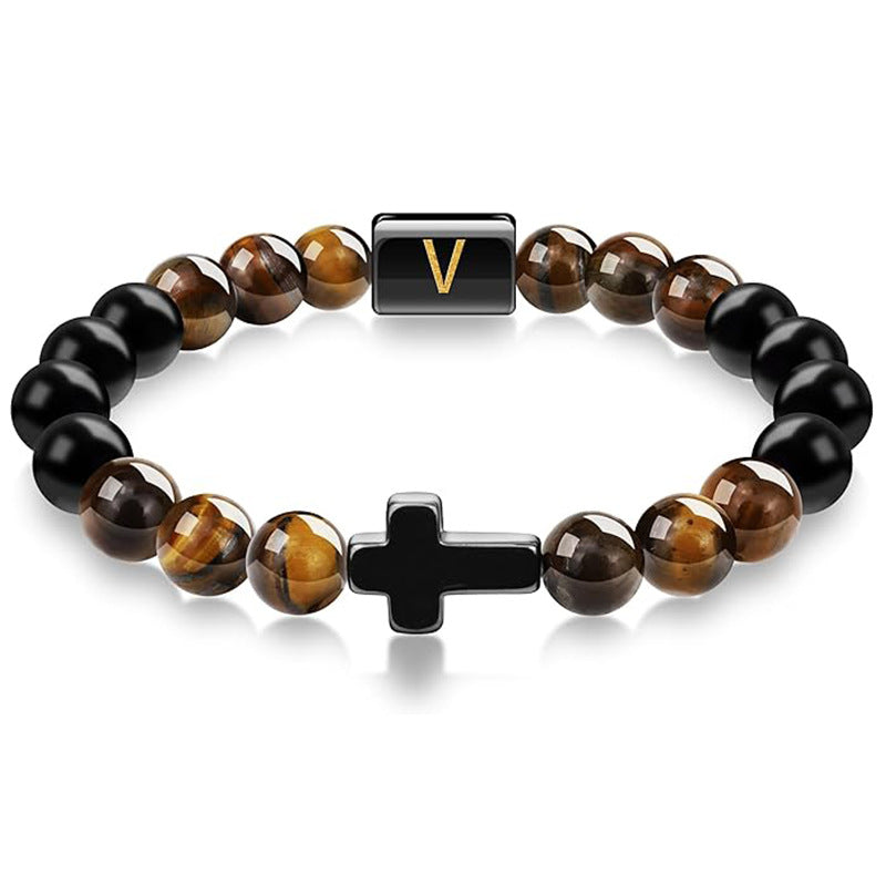 Letter Cross Tiger Eye Stone Beaded Bracelet